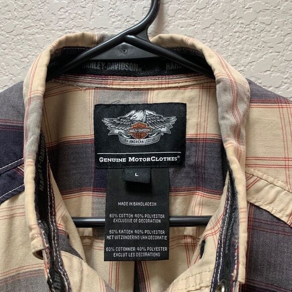 Harley Davidson Motorcycles Plaid Embroidered Metal Button Garage Work Shirt L - Picture 6 of 8